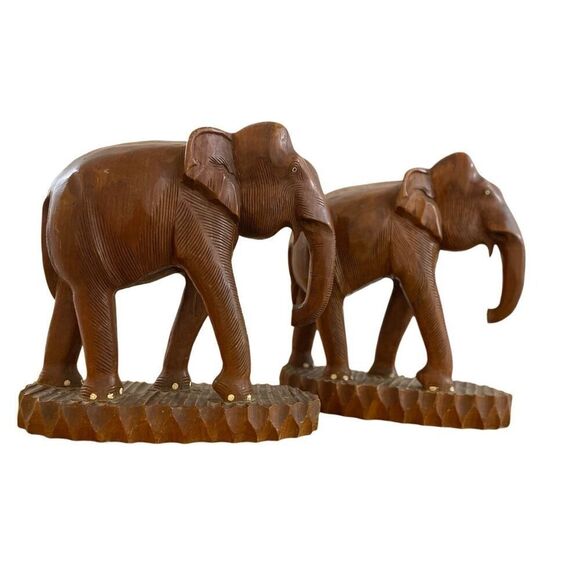 Vintage Teak Wood Hand Carved Elephants - Sculpures Bookends - Picture 2 of 10